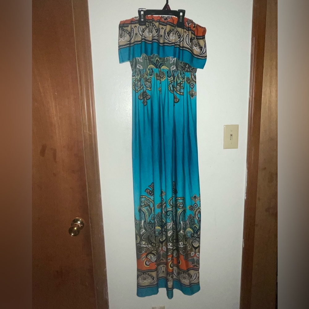 Ombré and paisley strapless maxi dress